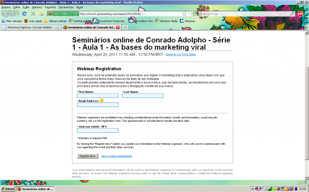 Tela 1 - Registro no Webinar
